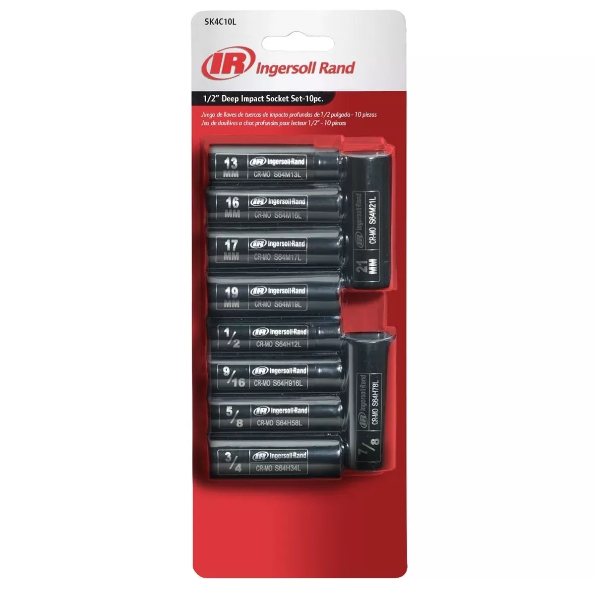 Socket Set, 10 PC 1/2 IN Drive SAE/Metric Deep IRTSK4C10LN Ingersoll Rand